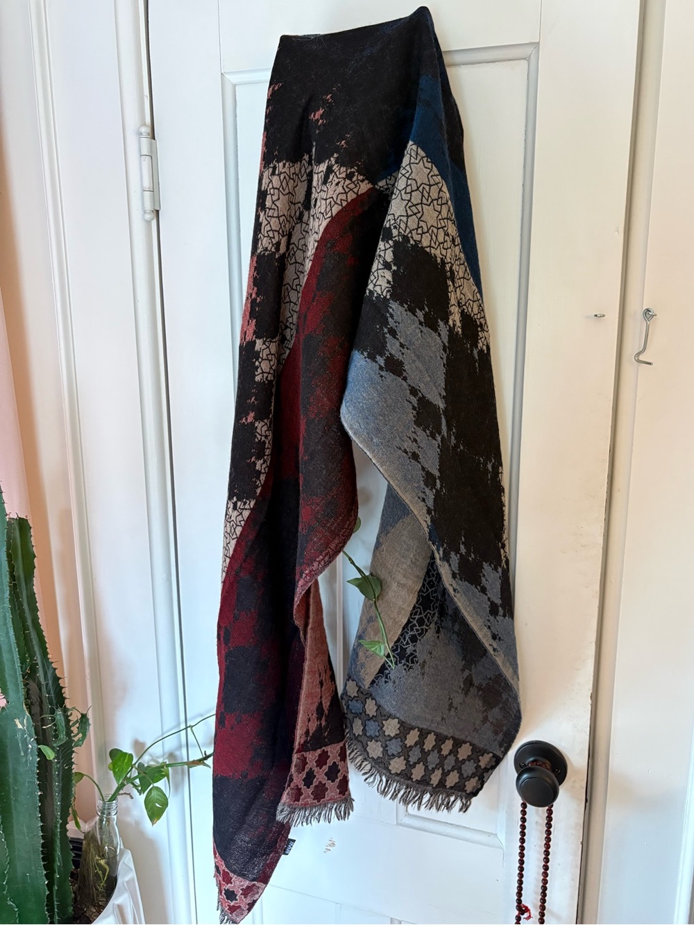 Wool Woven Patterned Fringe Scarf in Black, Red, Gray, Blue